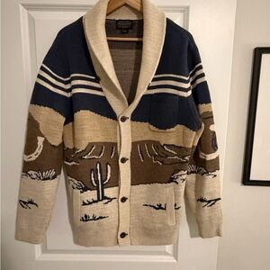 Pendleton Southwestern Shawl Collar Cardigan - Navy, Tan & Cream- Worn 1x